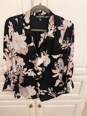 Karl Lagerfeld Black Blouse with Pale Pink Floral Ruffle V-Neck